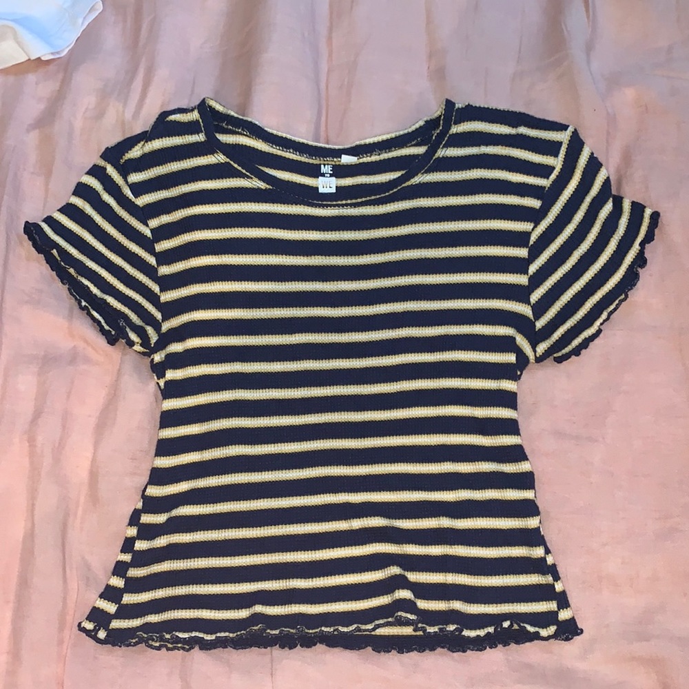 Pax sun - Navy blue and yellow stripped fitted shirt with rouged hems